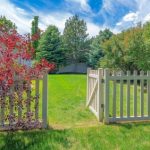 Panorama,whispy,white,clouds,backyard,with,picket,fence,and,gate